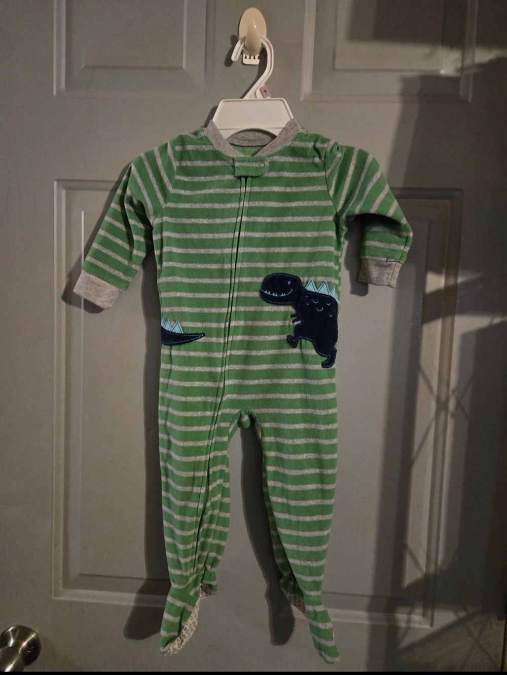 Carter's Green and Gray Striped Dino Footed One-Piece
